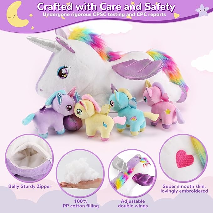 5 Pieces Unicorn Stuffed Animals - 1 Mommy Stuffed Unicorn with 4 Babies - Unicorns Gifts for Girls Ages 3 4 5 6 7 8,