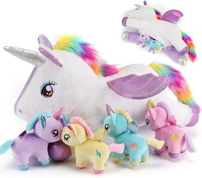 5 Pieces Unicorn Stuffed Animals - 1 Mommy Stuffed Unicorn with 4 Babies - Unicorns Gifts for Girls Ages 3 4 5 6 7 8,