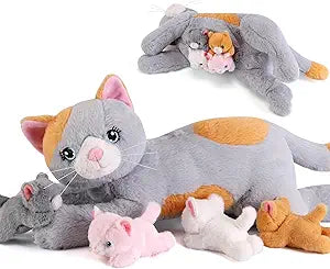 5 Pieces Cat Stuffed Animals with Babies Inside Belly - 1 Mommy Stuffed Cat with 4 Kittens - Stuffed Kitty Plush Toys for Kid Age 3-8