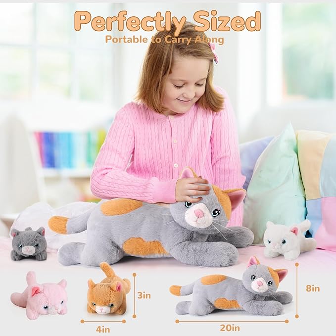 5 Pieces Cat Stuffed Animals with Babies Inside Belly - 1 Mommy Stuffed Cat with 4 Kittens - Stuffed Kitty Plush Toys for Kid Age 3-8