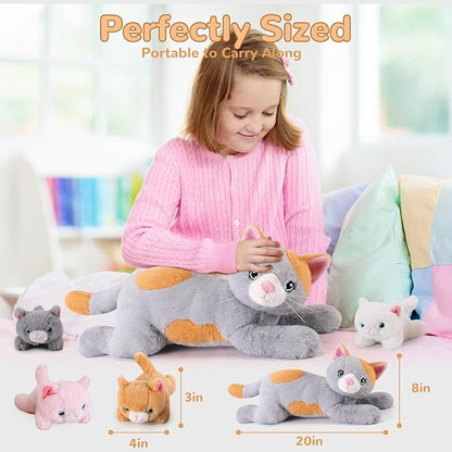 5 Pieces Cat Stuffed Animals with Babies Inside Belly - 1 Mommy Stuffed Cat with 4 Kittens - Stuffed Kitty Plush Toys for Kid Age 3-8