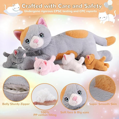 5 Pieces Cat Stuffed Animals with Babies Inside Belly - 1 Mommy Stuffed Cat with 4 Kittens - Stuffed Kitty Plush Toys for Kid Age 3-8